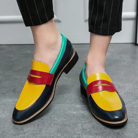 Online OUKU Men's Colorful Faux Leather Loafers - Red, Green, and Yellow Design with Modern Slip-On Style for Casual and Formal Occasions