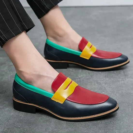 Online OUKU Men's Colorful Faux Leather Loafers - Red, Green, and Yellow Design with Modern Slip-On Style for Casual and Formal Occasions