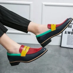 Online OUKU Men's Colorful Faux Leather Loafers - Red, Green, and Yellow Design with Modern Slip-On Style for Casual and Formal Occasions
