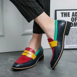 Online OUKU Men's Colorful Faux Leather Loafers - Red, Green, and Yellow Design with Modern Slip-On Style for Casual and Formal Occasions