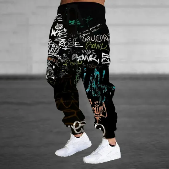 Best OUKU Men's Colorful Graffiti Sweatpants Joggers Trousers Mid Waist Drawstring Elastic Waist Casual Jogging Streetwear Workout Athletic Sweatpants with Pockets Spring Fall 3D Print Black 1# Black