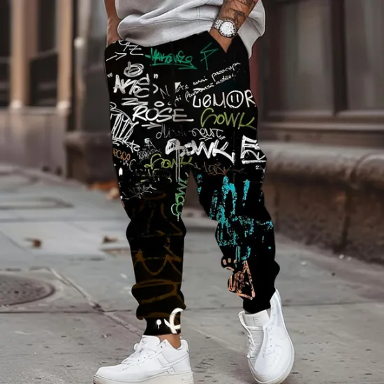 Best OUKU Men's Colorful Graffiti Sweatpants Joggers Trousers Mid Waist Drawstring Elastic Waist Casual Jogging Streetwear Workout Athletic Sweatpants with Pockets Spring Fall 3D Print Black 1# Black
