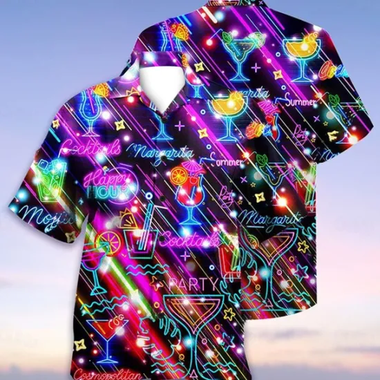Discount OUKU Men's Colorful Lights Shirt Summer Hawaiian Shirt Aloha Shirt Short Sleeves Shirt Turndown Tropical Streetwear Hawaiian Party Daily Hawaiian Black Blue Purple S M L