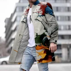 Online OUKU Men's Colorful Winter Coat Fleece Jacket Overcoat Thermal Comfortable Artistic Casual Outdoor Street Daily Wear Buttons 3D Print Front Pocket Winter Turndown Long Sleeve Multi Color
