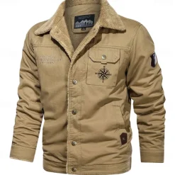 Online OUKU Men's Compass Print Embroidered Fleece Jacket Sherpa Trucker Jacket Work Cargo Jacket Turn-Down Collar Warm Winter Cotton Jacket Vintage Casual Going Out Coat Multi-Pockets