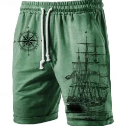 Best OUKU Men's Compass Sailboat Sweat Shorts Beach Shorts Terry Shorts Mid Waist Casual Athleisure Daily Holiday Streetwear Drawstring Elastic Waist 3D Print Designer Clothing Apparel