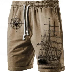 Best OUKU Men's Compass Sailboat Sweat Shorts Beach Shorts Terry Shorts Mid Waist Casual Athleisure Daily Holiday Streetwear Drawstring Elastic Waist 3D Print Designer Clothing Apparel