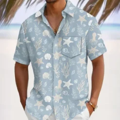 Clearance OUKU Men's Conch Sea Creatures Coral Summer Hawaiian Shirt Button Up Shirt Aloha Shirt Short Sleeve Shirt Turndown Hawaiian Vacation Holiday Beach Wear Blue 1# Blue S M L