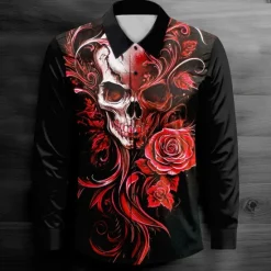 Clearance OUKU Men's Cool Skulls Casual Shirt Button Up Shirt Long Sleeve Dark Spring Fall Turndown Button Up Red Blue Purple Green Black-white