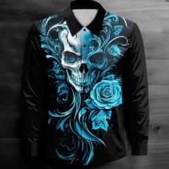 Clearance OUKU Men's Cool Skulls Casual Shirt Button Up Shirt Long Sleeve Dark Spring Fall Turndown Button Up Red Blue Purple Green Black-white