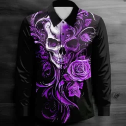 Clearance OUKU Men's Cool Skulls Casual Shirt Button Up Shirt Long Sleeve Dark Spring Fall Turndown Button Up Red Blue Purple Green Black-white
