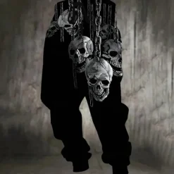 Outlet OUKU Men's Cool Skulls Chains Print Halloween Costumes Sweatpants Joggers Trousers Mid Waist Drawstring Elastic Waist Dark Gothic Style Jogging Streetwear Workout Athletic Sweatpants with Pockets Spring Black