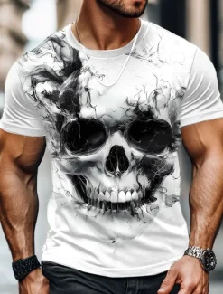 Outlet OUKU Men's Cool Skulls Flame T Shirt Short Sleeve T shirt 3D Print Crew Neck Shirt Exaggerated Designer Party Holiday Club Summer Spring Clothing Apparel S M L XL XXL XXXL White