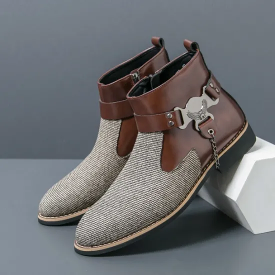 Online OUKU Men's Corduroy and Faux Leather Ankle Boots – Stylish Brown and Blue Design with Metal Eagle Detail, Western Cowboy-Inspired Fashion for Casual and Formal Occasions