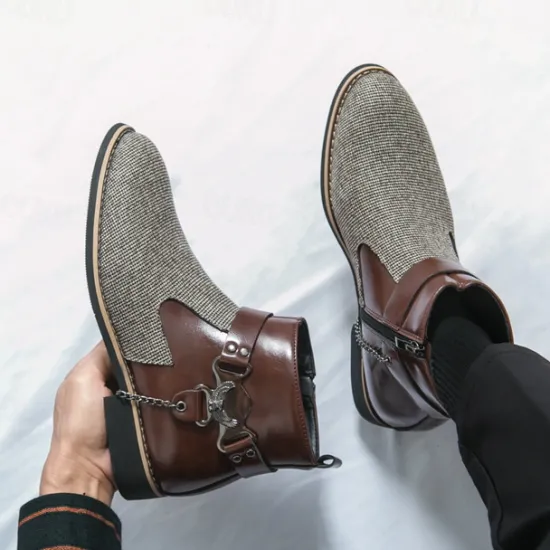 Online OUKU Men's Corduroy and Faux Leather Ankle Boots – Stylish Brown and Blue Design with Metal Eagle Detail, Western Cowboy-Inspired Fashion for Casual and Formal Occasions