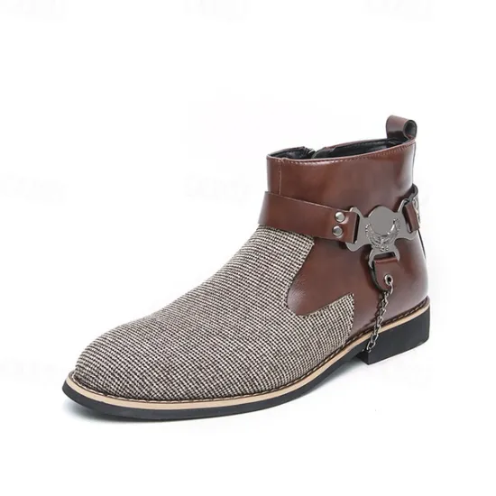 Online OUKU Men's Corduroy and Faux Leather Ankle Boots – Stylish Brown and Blue Design with Metal Eagle Detail, Western Cowboy-Inspired Fashion for Casual and Formal Occasions