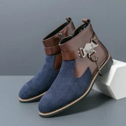 Online OUKU Men's Corduroy and Faux Leather Ankle Boots – Stylish Brown and Blue Design with Metal Eagle Detail, Western Cowboy-Inspired Fashion for Casual and Formal Occasions