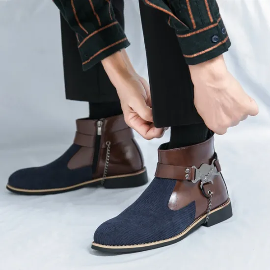 Online OUKU Men's Corduroy and Faux Leather Ankle Boots – Stylish Brown and Blue Design with Metal Eagle Detail, Western Cowboy-Inspired Fashion for Casual and Formal Occasions