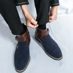 Online OUKU Men's Corduroy and Faux Leather Ankle Boots – Stylish Brown and Blue Design with Metal Eagle Detail, Western Cowboy-Inspired Fashion for Casual and Formal Occasions