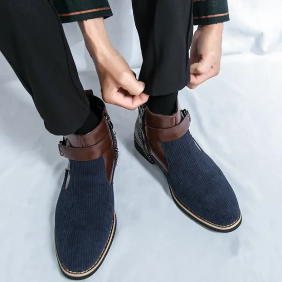Online OUKU Men's Corduroy and Faux Leather Ankle Boots – Stylish Brown and Blue Design with Metal Eagle Detail, Western Cowboy-Inspired Fashion for Casual and Formal Occasions