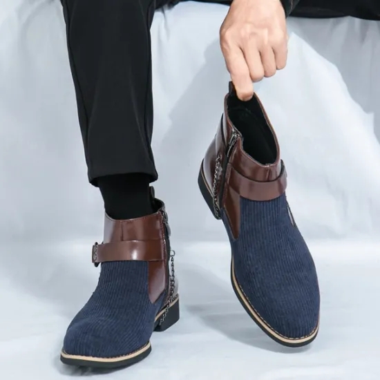 Online OUKU Men's Corduroy and Faux Leather Ankle Boots – Stylish Brown and Blue Design with Metal Eagle Detail, Western Cowboy-Inspired Fashion for Casual and Formal Occasions