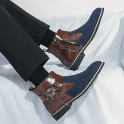 Online OUKU Men's Corduroy and Faux Leather Ankle Boots – Stylish Brown and Blue Design with Metal Eagle Detail, Western Cowboy-Inspired Fashion for Casual and Formal Occasions