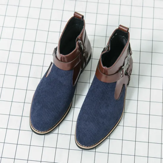 Online OUKU Men's Corduroy and Faux Leather Ankle Boots – Stylish Brown and Blue Design with Metal Eagle Detail, Western Cowboy-Inspired Fashion for Casual and Formal Occasions