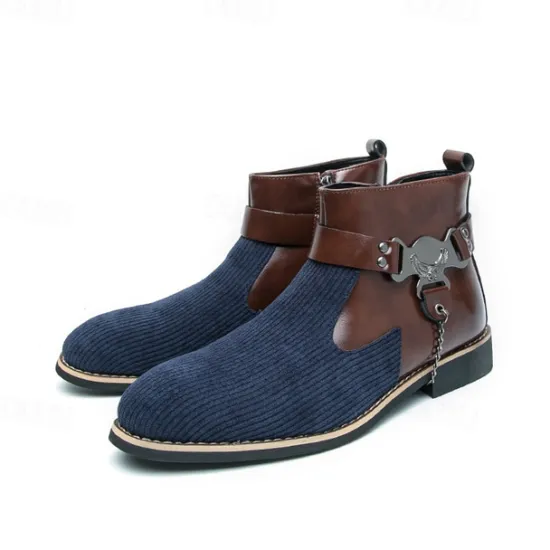 Online OUKU Men's Corduroy and Faux Leather Ankle Boots – Stylish Brown and Blue Design with Metal Eagle Detail, Western Cowboy-Inspired Fashion for Casual and Formal Occasions