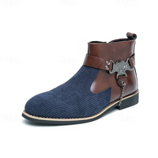Online OUKU Men's Corduroy and Faux Leather Ankle Boots – Stylish Brown and Blue Design with Metal Eagle Detail, Western Cowboy-Inspired Fashion for Casual and Formal Occasions