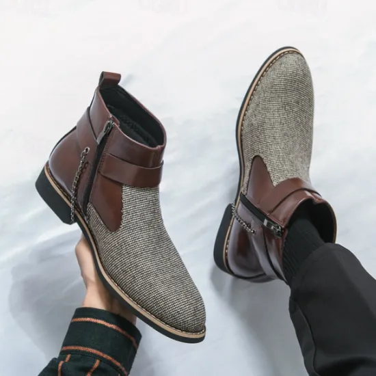 Online OUKU Men's Corduroy and Faux Leather Ankle Boots – Stylish Brown and Blue Design with Metal Eagle Detail, Western Cowboy-Inspired Fashion for Casual and Formal Occasions