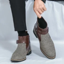 Online OUKU Men's Corduroy and Faux Leather Ankle Boots – Stylish Brown and Blue Design with Metal Eagle Detail, Western Cowboy-Inspired Fashion for Casual and Formal Occasions