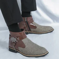 Online OUKU Men's Corduroy and Faux Leather Ankle Boots – Stylish Brown and Blue Design with Metal Eagle Detail, Western Cowboy-Inspired Fashion for Casual and Formal Occasions
