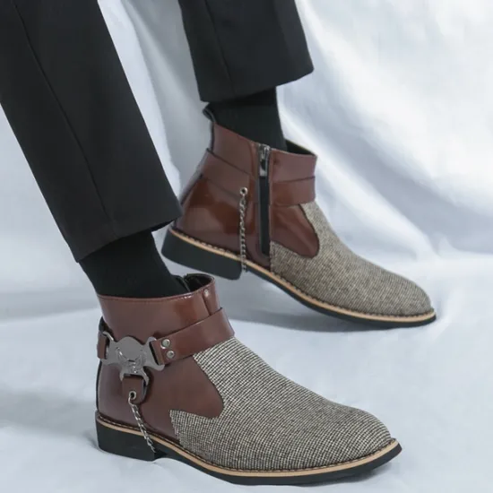 Online OUKU Men's Corduroy and Faux Leather Ankle Boots – Stylish Brown and Blue Design with Metal Eagle Detail, Western Cowboy-Inspired Fashion for Casual and Formal Occasions