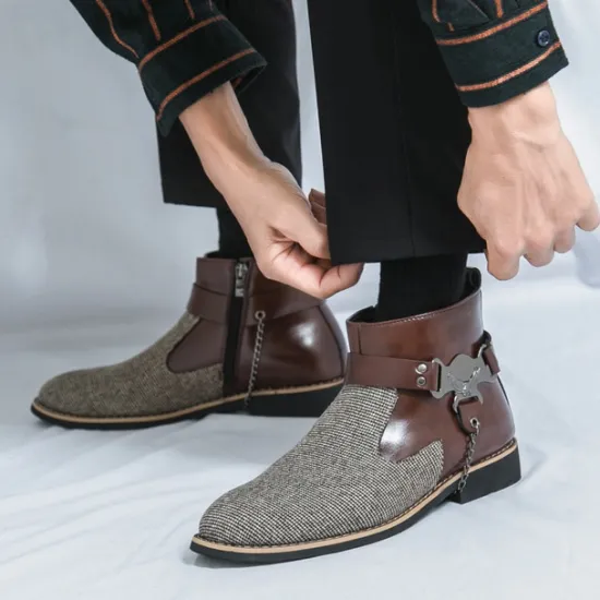 Online OUKU Men's Corduroy and Faux Leather Ankle Boots – Stylish Brown and Blue Design with Metal Eagle Detail, Western Cowboy-Inspired Fashion for Casual and Formal Occasions