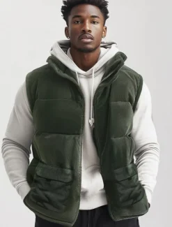 Best OUKU Men's Corduroy Fleece Vest Outdoor Vest Gilet Punk Active Fall Winter Polyester Solid Color Turtleneck Black Light Brown Army Green Vest
