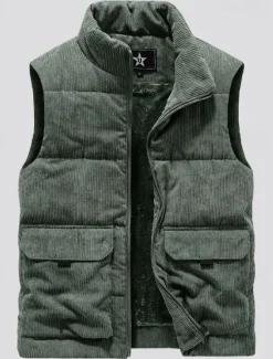 Best OUKU Men's Corduroy Fleece Vest Outdoor Vest Gilet Punk Active Fall Winter Polyester Solid Color Turtleneck Black Light Brown Army Green Vest
