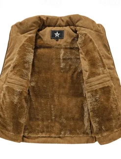 Best OUKU Men's Corduroy Fleece Vest Outdoor Vest Gilet Punk Active Fall Winter Polyester Solid Color Turtleneck Black Light Brown Army Green Vest