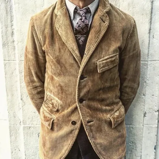 OUKU Men's Corduroy Jacket Blazer Outdoor Daily Wear Warm Button Pocket Fall Winter Plain Fashion Streetwear Lapel Regular Jacket Yellow