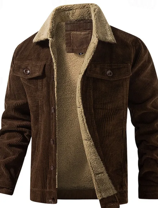Online OUKU Men's Corduroy Jacket Fleece Jacket Sherpa Jacket Vacation Daily Thermal Warm Fleece Fall & Winter Plain Fashion Streetwear Lapel Regular Black Khaki Coffee Gray Jacket