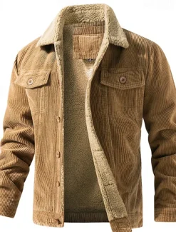 Online OUKU Men's Corduroy Jacket Fleece Jacket Sherpa Jacket Vacation Daily Thermal Warm Fleece Fall & Winter Plain Fashion Streetwear Lapel Regular Black Khaki Coffee Gray Jacket