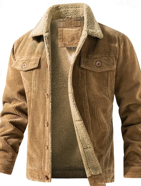 Online OUKU Men's Corduroy Jacket Fleece Jacket Sherpa Jacket Vacation Daily Thermal Warm Fleece Fall & Winter Plain Fashion Streetwear Lapel Regular Black Khaki Coffee Gray Jacket