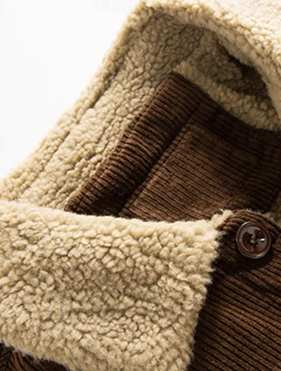 Online OUKU Men's Corduroy Jacket Fleece Jacket Sherpa Jacket Vacation Daily Thermal Warm Fleece Fall & Winter Plain Fashion Streetwear Lapel Regular Black Khaki Coffee Gray Jacket