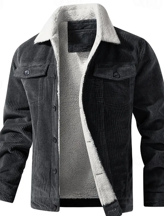 Online OUKU Men's Corduroy Jacket Fleece Jacket Sherpa Jacket Vacation Daily Thermal Warm Fleece Fall & Winter Plain Fashion Streetwear Lapel Regular Black Khaki Coffee Gray Jacket