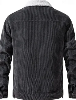 Online OUKU Men's Corduroy Jacket Fleece Jacket Sherpa Jacket Vacation Daily Thermal Warm Fleece Fall & Winter Plain Fashion Streetwear Lapel Regular Black Khaki Coffee Gray Jacket