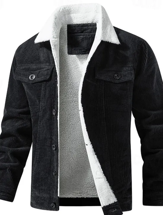 Online OUKU Men's Corduroy Jacket Fleece Jacket Sherpa Jacket Vacation Daily Thermal Warm Fleece Fall & Winter Plain Fashion Streetwear Lapel Regular Black Khaki Coffee Gray Jacket