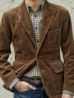 Online OUKU Men's Corduroy Jacket Outdoor Work Daily Pocket Warm Fashion Fall & Winter Polyester Solid Color Pocket Buttons Single Breasted Blazer Black Brown