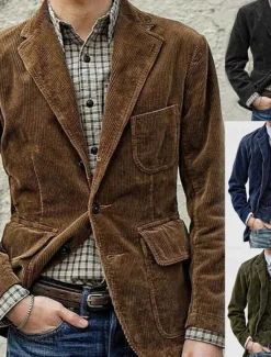 Clearance OUKU Men's Corduroy Jacket Transition Jacket Going out Pocket All Seasons Plain Classic Lapel Regular Black Brown Army Green Dark Blue Jacket