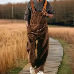 Hot OUKU Men's Corduroy Pants Trousers Bib Tights Casual Pants Suspender Pants Pocket Plain Comfort Sports Outdoor Daily Fashion Casual Micro-elastic Brown