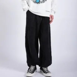 OUKU Men's Corduroy Pants Trousers Baggy Pants Casual Pants Pocket Wide Leg Baggy Solid Color Comfort Warm Full Length Casual Daily Fashion Streetwear Loose Fit Black Brown