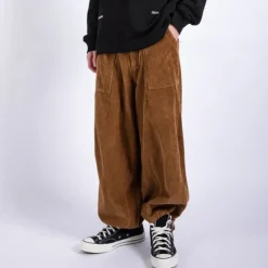 OUKU Men's Corduroy Pants Trousers Baggy Pants Casual Pants Pocket Wide Leg Baggy Solid Color Comfort Warm Full Length Casual Daily Fashion Streetwear Loose Fit Black Brown